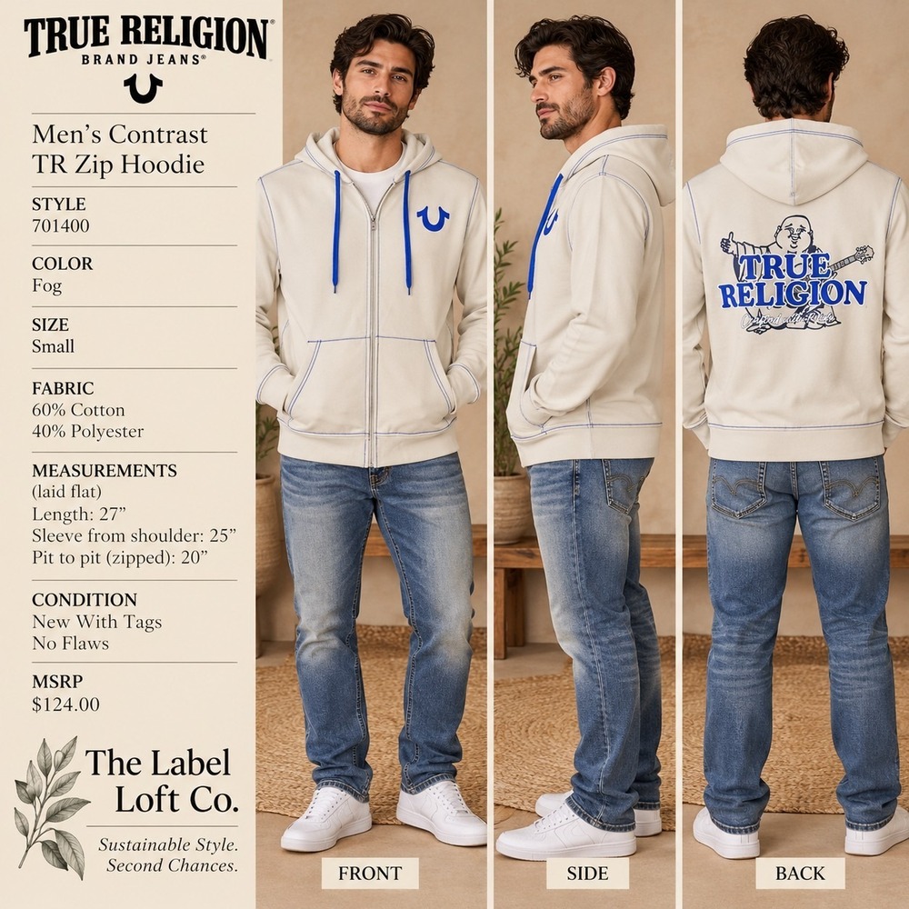 True Religion Contrast TR Zip Hoodie Mens S Fog Buddha Graphic Y2K NWT